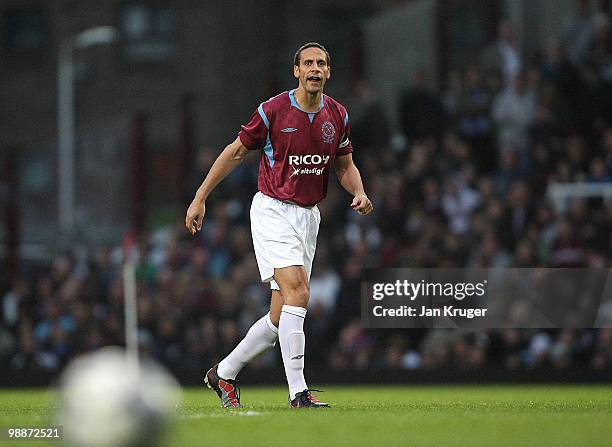 Rio Ferdinand of the Academy All-Stars in action during the Tony Carr Testimonial match between the Academy All-Stars and West Ham United at the...