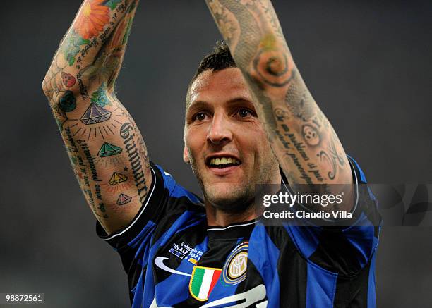 Marco Materazzi of Inter Milan celebrates during the Tim Cup final between FC Internazionale Milano and AS Roma at Stadio Olimpico on May 5, 2010 in...