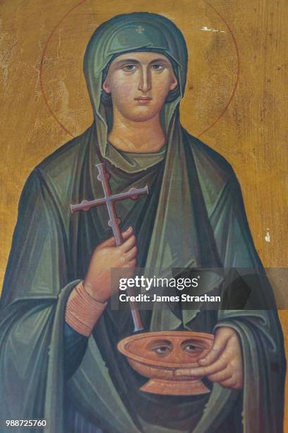portrait of st. lucy, lived 283-304 ad, interior of agios georgios church, heronissos, sifnos, cyclades, greek islands, greece, europe - agios georgios church stockfoto's en -beelden