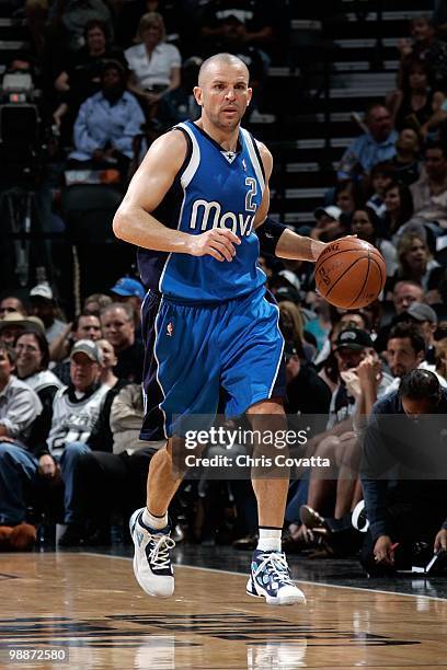 Jason Kidd of the Dallas Mavericks brings the ball upcourt against the San Antonio Spurs in Game Three of the Western Conference Quarterfinals during...