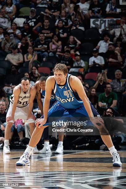 Dirk Nowitzki of the Dallas Mavericks stands on the court against the San Antonio Spurs in Game Three of the Western Conference Quarterfinals during...