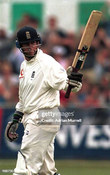 Marcus Trescothick of England celebrates his fifty during the first day of the Npower Third Test match between England and Australia at Trent Bridge,...