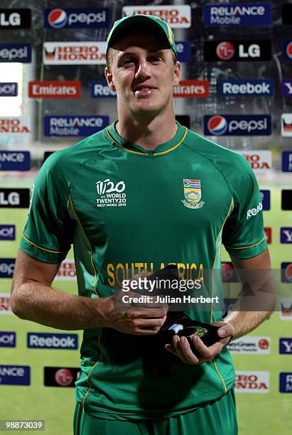 Morne Morkel of South Africa with the man of the match award afterThe ICC World Twenty20 Group C Match between South Africa and Afghanistan played at...