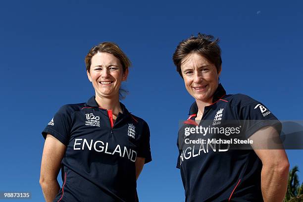 England womens cricket captain Charlotte Edwards and Claire Taylor pose on May 5, 2010 in St Kitts, Saint Kitts And Nevis.