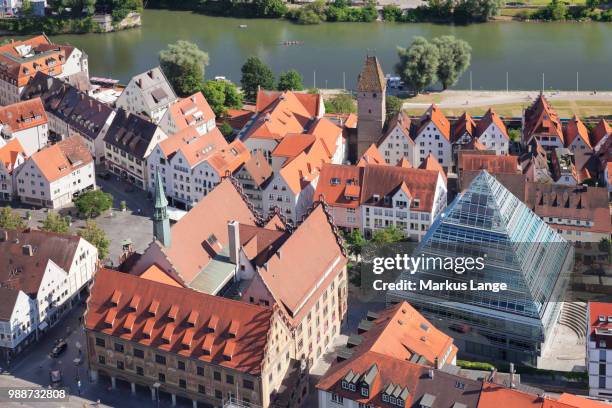 view from ulm minster over the old town with town hall and and new central library, ulm, baden-wurttemberg, germany, europe - ulmer münster stock-fotos und bilder