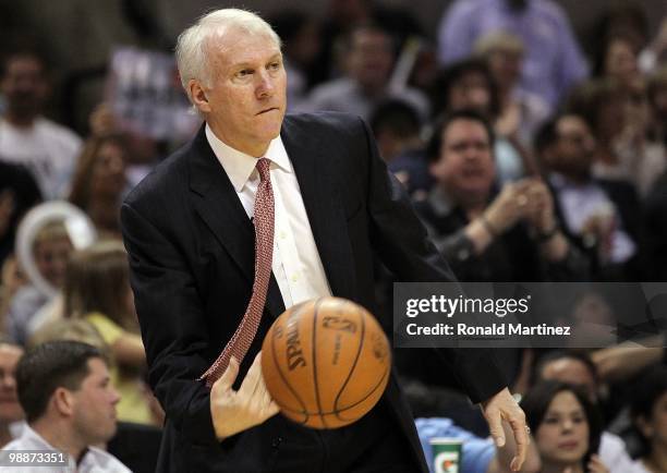 Head coach Gregg Popovich of the San Antonio Spurs in Game Three of the Western Conference Quarterfinals during the 2010 NBA Playoffs at AT&T Center...