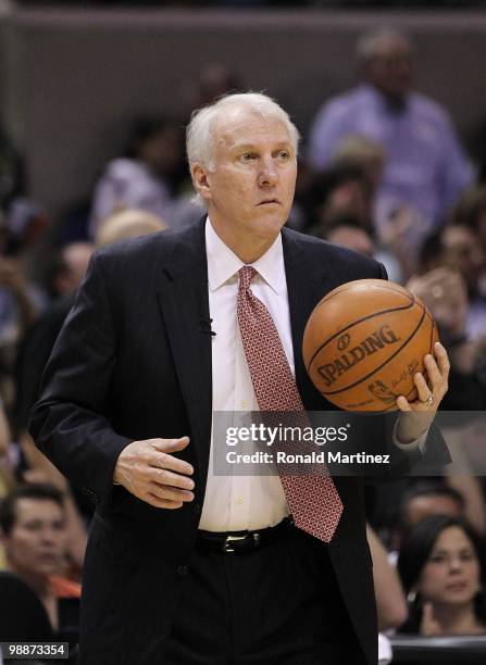 Head coach Gregg Popovich of the San Antonio Spurs in Game Three of the Western Conference Quarterfinals during the 2010 NBA Playoffs at AT&T Center...