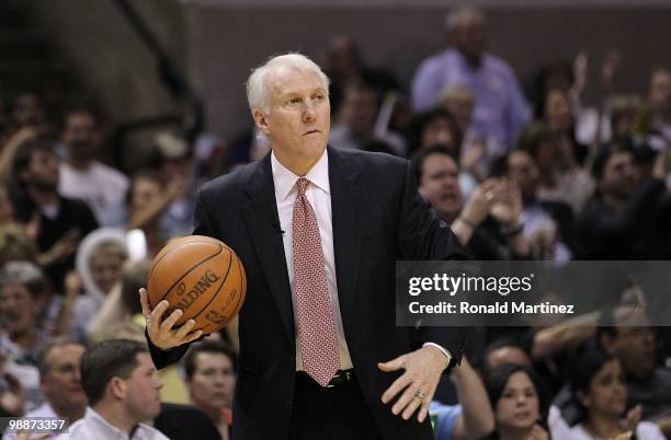 Head coach Gregg Popovich of the San Antonio Spurs in Game Three of the Western Conference Quarterfinals during the 2010 NBA Playoffs at AT&T Center...