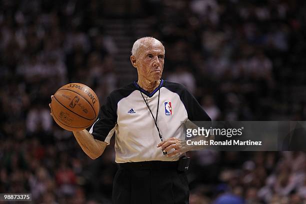 Referee Dick Bavetta in Game Three of the Western Conference Quarterfinals during the 2010 NBA Playoffs at AT&T Center on April 23, 2010 in San...