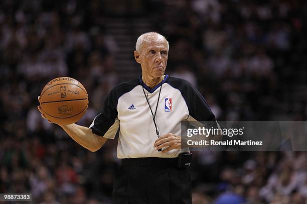 Referee Dick Bavetta in Game Three of the Western Conference Quarterfinals during the 2010 NBA Playoffs at AT&T Center on April 23, 2010 in San...