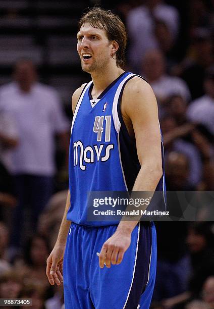 Dirk Nowitzki of the Dallas Mavericks in Game Three of the Western Conference Quarterfinals during the 2010 NBA Playoffs at AT&T Center on April 23,...