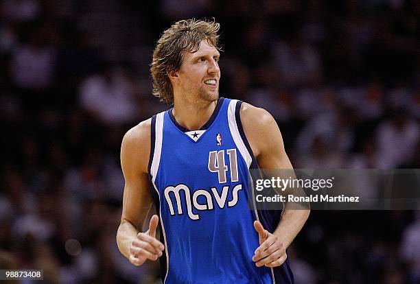 Dirk Nowitzki of the Dallas Mavericks in Game Three of the Western Conference Quarterfinals during the 2010 NBA Playoffs at AT&T Center on April 23,...