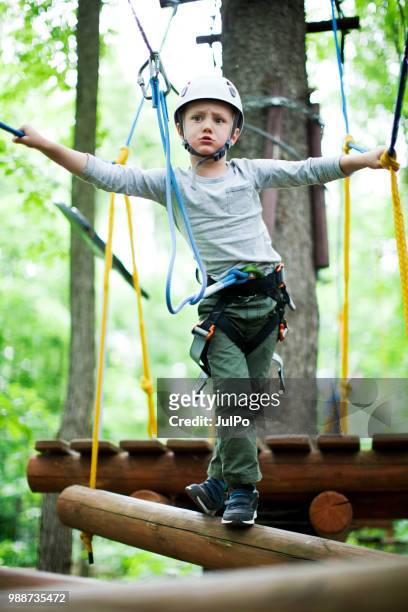 el niño en el parque de cuerda de escalada - carabina fotografías e imágenes de stock