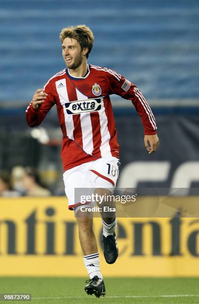 Blair Gavin of Chivas USA celebrates his goal in the second half against the New England Revolution on May 5, 2010 at Gillette Stadium in Foxboro,...