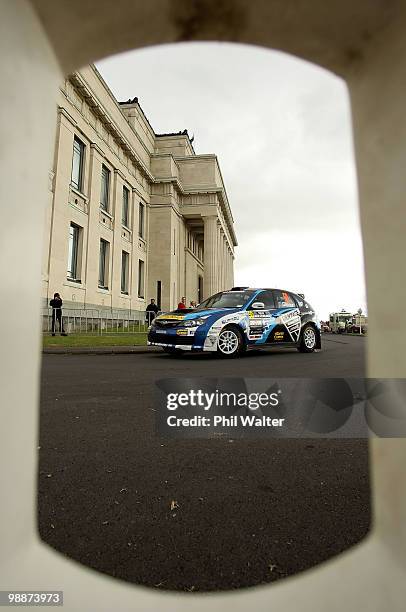 Emma Gilmour of New Zealand and co-driver Glenn Macneall of Australia drive their SUbaru Imprezza STI through the streets of the Auckland Domain...