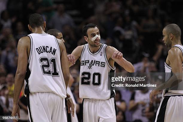 Manu Ginobili of the San Antonio Spurs in Game Six of the Western Conference Quarterfinals during the 2010 NBA Playoffs at AT&T Center on April 29,...