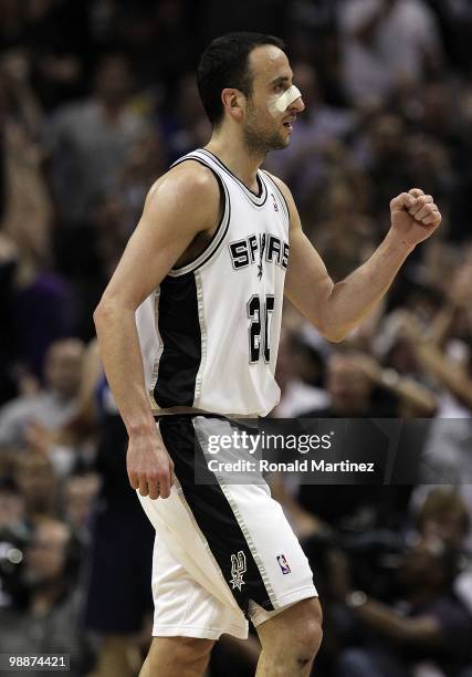 Manu Ginobili of the San Antonio Spurs in Game Six of the Western Conference Quarterfinals during the 2010 NBA Playoffs at AT&T Center on April 29,...