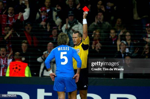 Eindhoven,Netherlands --- Champions League Soccer 2002 Psv Eindhoven Vs Aj Auxerre. Philippe Mexes Receives A Red Card From Referee Knud Erik Fisker...