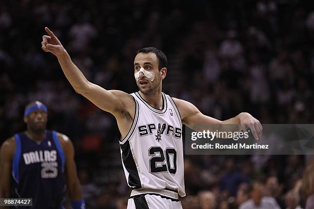 Manu Ginobili of the San Antonio Spurs in Game Six of the Western Conference Quarterfinals during the 2010 NBA Playoffs at AT&T Center on April 29,...