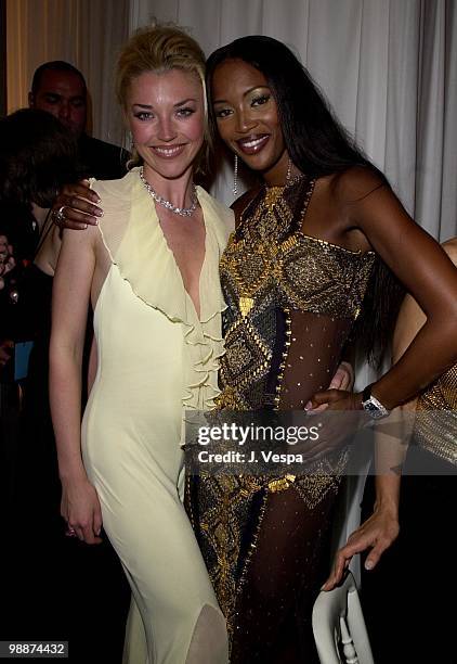 Tamara Beckwith in a Graff diamond necklace with diamond earrings and ring and Naomi Campbell wearing diamond drop earrings at A Diamond is Forever :...