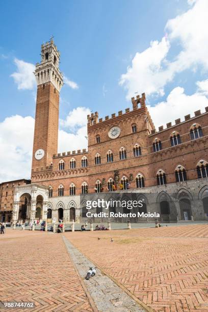 view of piazza del campo with the historical palazzo pubblico and its torre del mangia, siena, unesco world heritage site, tuscany, italy, europe - palazzo pubblico stock pictures, royalty-free photos & images