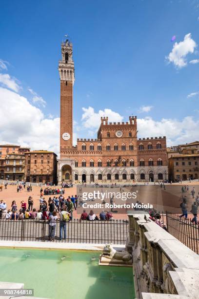piazza del campo with the old palazzo pubblico, torre del mangia and the fonte gaia fountain, siena, unesco world heritage site, tuscany, italy, europe - palazzo pubblico stock pictures, royalty-free photos & images
