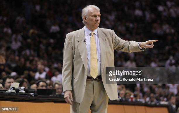 Head coach Gregg Popovich of the San Antonio Spurs in Game Six of the Western Conference Quarterfinals during the 2010 NBA Playoffs at AT&T Center on...