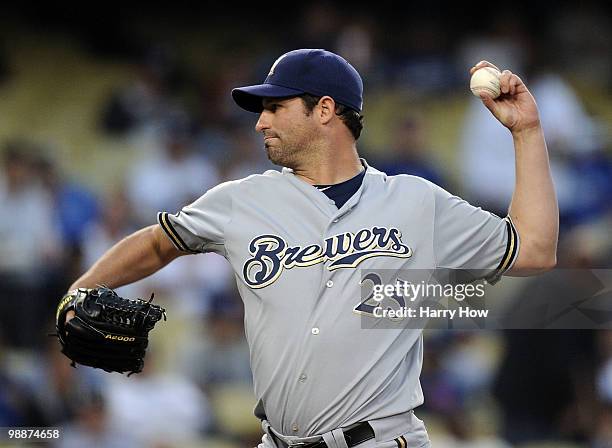 Doug Davis of the Milwaukee Brewers pitches against the Los Angeles Dodgers during the first inning at Dodger Stadium on May 5, 2010 in Los Angeles,...