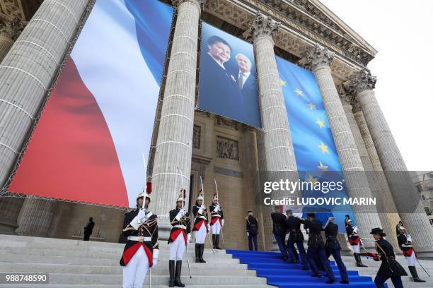 Republican Guards carry the coffins of former French politician and Holocaust survivor Simone Veil and her husband Antoine Veil to the Pantheon's...