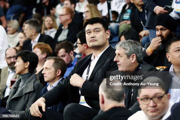 Legend and President of the Chinese Basketball Association Yao Ming watches the action during the FIBA World Cup Qualifying match between the New...