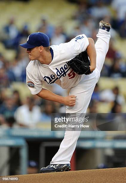 Chad Billingsley of the Los Angeles Dodgers pitches against the Milwaukee Brewers during the first inning at Dodger Stadium on May 5, 2010 in Los...