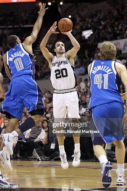 Manu Ginobili of the San Antonio Spurs in Game Four of the Western Conference Quarterfinals during the 2010 NBA Playoffs at AT&T Center on April 25,...