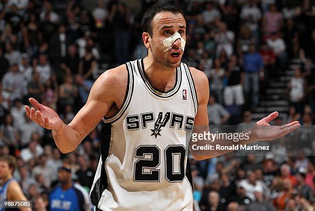 Manu Ginobili of the San Antonio Spurs in Game Four of the Western Conference Quarterfinals during the 2010 NBA Playoffs at AT&T Center on April 25,...