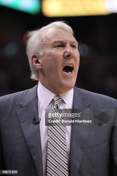 Head coach Gregg Popovich of the San Antonio Spurs in Game Four of the Western Conference Quarterfinals during the 2010 NBA Playoffs at AT&T Center...