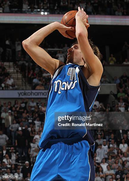 Dirk Nowitzki of the Dallas Mavericks in Game Four of the Western Conference Quarterfinals during the 2010 NBA Playoffs at AT&T Center on April 25,...