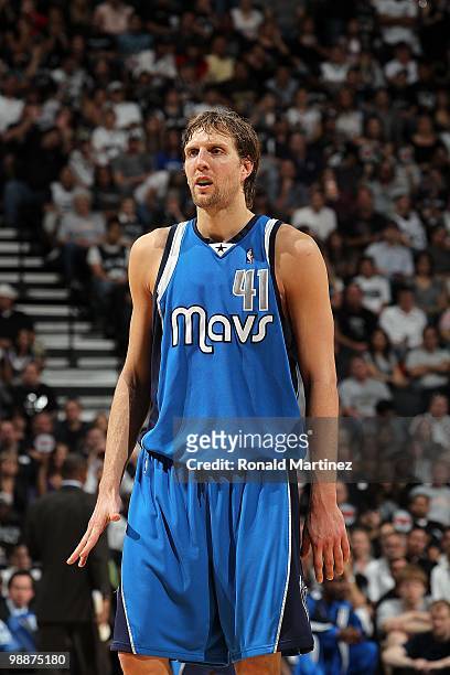 Dirk Nowitzki of the Dallas Mavericks in Game Four of the Western Conference Quarterfinals during the 2010 NBA Playoffs at AT&T Center on April 25,...