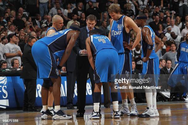 Head coach Rick Carlisle of the Dallas Mavericks in Game Four of the Western Conference Quarterfinals during the 2010 NBA Playoffs at AT&T Center on...