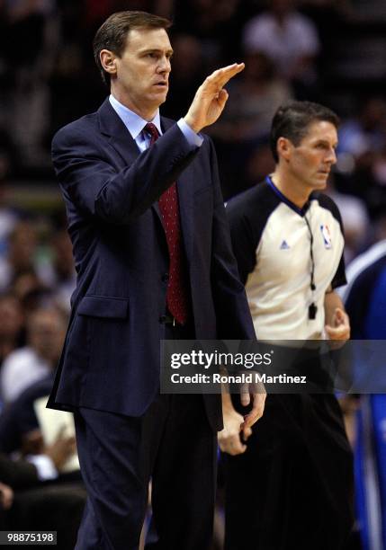 Head coach Rick Carlisle of the Dallas Mavericks in Game Four of the Western Conference Quarterfinals during the 2010 NBA Playoffs at AT&T Center on...