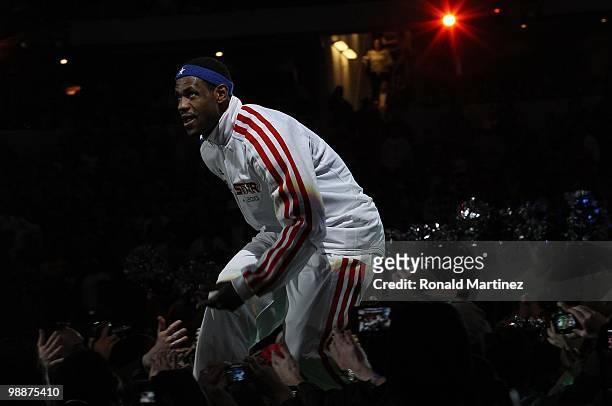 LeBron James of the Western Conference is welcomed by fans during introductions before the NBA All-Star Game, part of 2010 NBA All-Star Weekend at...