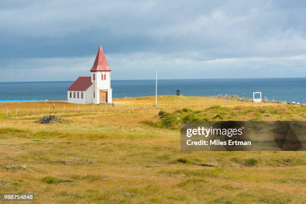 church by the sea, hellnar, snaefellsnes peninsula, iceland, polar regions - hellnar stock pictures, royalty-free photos & images