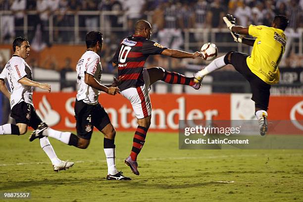 Adriano of Flamengo tries to score a goal during a Libertadores Cup match against Corinthians at Pacaembu stadium on May 5, 2010 in Sao Paulo, Brazil.