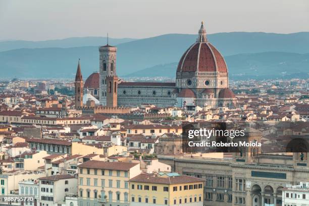 view of the duomo with brunelleschi dome and basilica di santa croce from piazzale michelangelo, florence, unesco world heritage site, tuscany, italy, europe - croce stock pictures, royalty-free photos & images