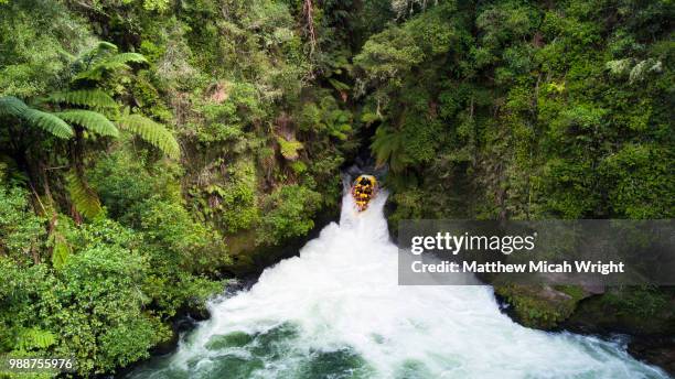 whitewater rafting down the kaituna river in rotarua. the okere falls is one of the largest commercially rafted waterfalls in the world. - whitewater rafting stock pictures, royalty-free photos & images