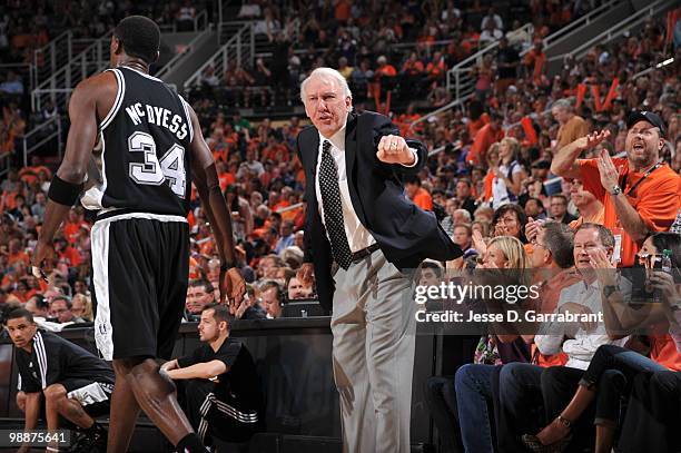 Head coach Gregg Popovich of the San Antonio Spurs reacts to a call against the Phoenix Suns in Game Two of the Western Conference Semifinals during...