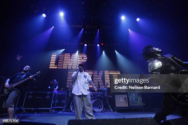 Fred Durst and Wes Borland of Limp Bizkit perform on stage at Gramercy Theatre on May 5, 2010 in New York City.