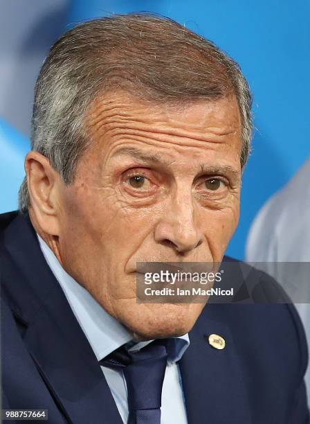 Uruguay coach Oscar Tabarez is seen during the 2018 FIFA World Cup Russia Round of 16 match between Uruguay and Portugal at Fisht Stadium on June 30,...