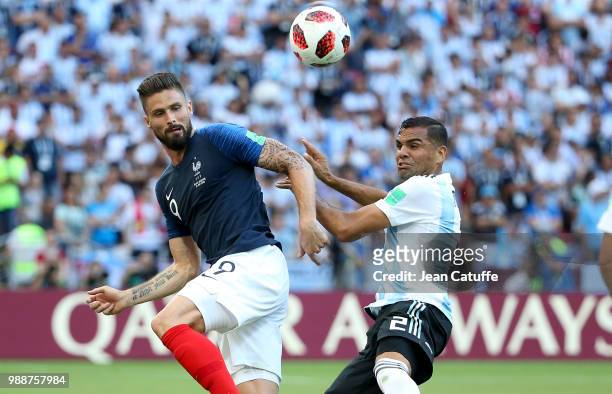 Olivier Giroud of France, Gabriel Mercado of Argentina during the 2018 FIFA World Cup Russia Round of 16 match between France and Argentina at Kazan...
