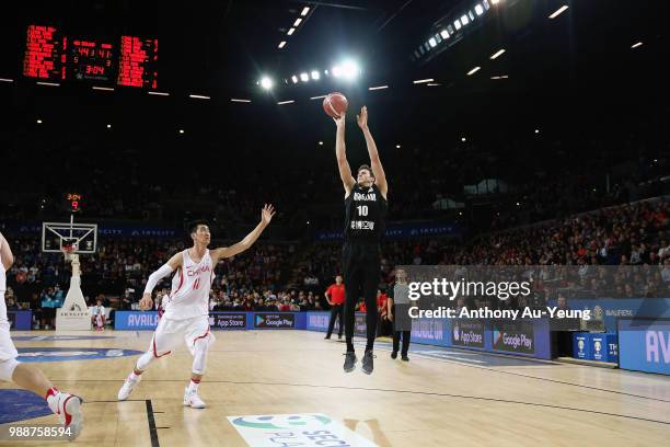 Tom Abercrombie of New Zealand takes a three pointer during the FIBA World Cup Qualifying match between the New Zealand Tall Blacks and China at...