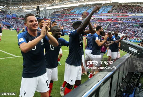 Florian Thauvin, N'Golo Kante, Adil Rami, Paul Pogba and teammates of France celebrate the victory following the 2018 FIFA World Cup Russia Round of...