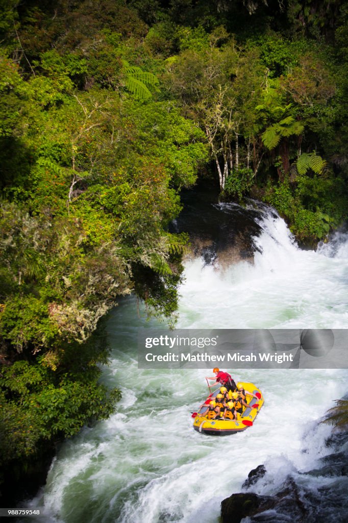 Whitewater rafting down the Kaituna River in Rotarua. The Okere Falls is one of the largest commercially rafted waterfalls in the world.